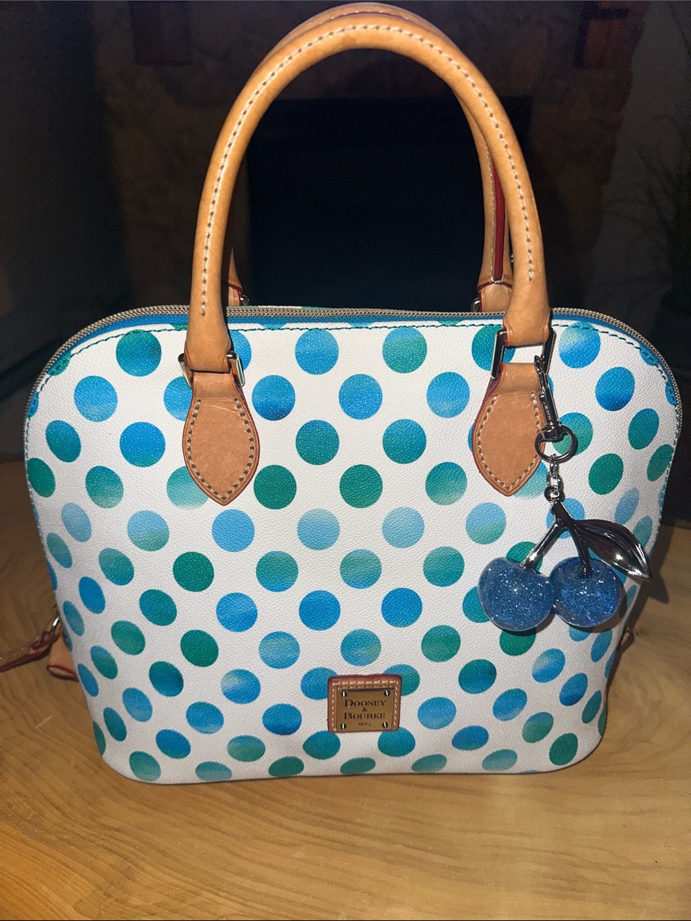 Dooney & Bourke White Satchel with Blue and Teal Polka Dots
